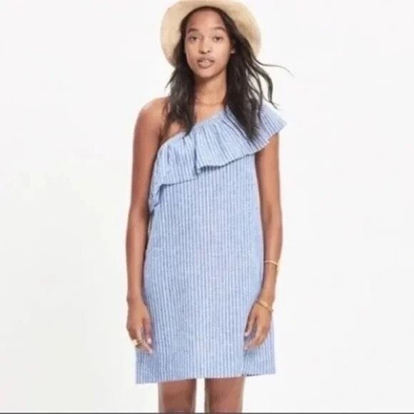 Madewell Linen Blend Striped One-Shoulder Ruffle Chambray Dress Size M - Picture 4 of 11